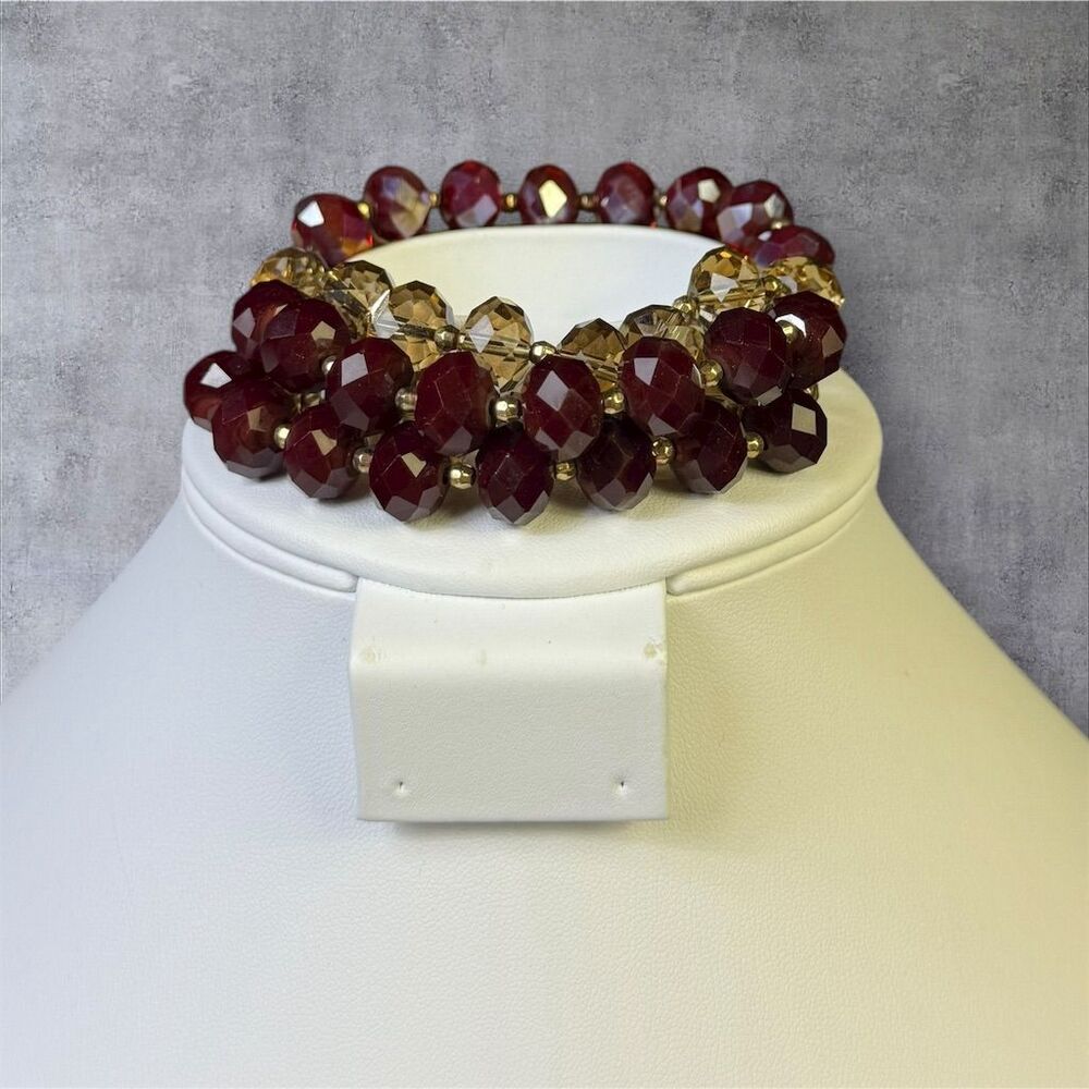 327. Vintage Multicolor Glass Beaded Stretch‎ Bracelet Gold Maroon